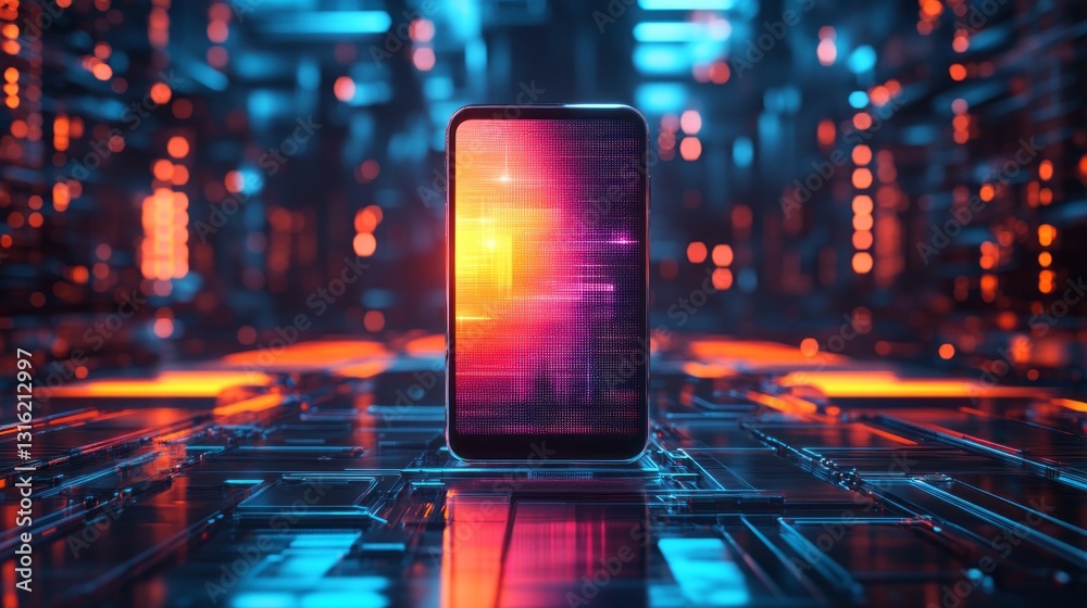 Poster a striking smartphone stands at the center of a neon-lit digital landscape, surrounded by colorful g