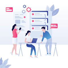 Team collaboration, office work, project planning, digital tasks, laptop, background leaves