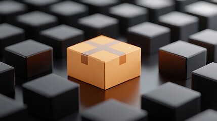 Fototapeta premium A solitary orange package stands out among numerous black cubes, symbolizing delivery and commerce in a minimalist setting.
