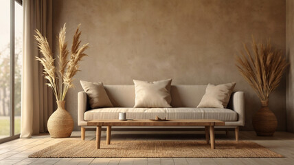 Wabi-sabi style living room interior mockup