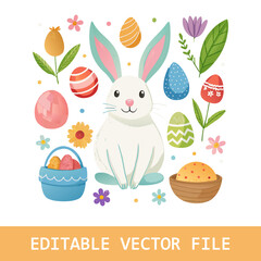 Happy easter set of hand-painted watercolor elements. Colorful eggs, cute flowers