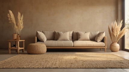 Wabi-sabi style living room interior mockup