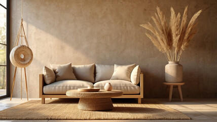 Wabi-sabi style living room interior mockup