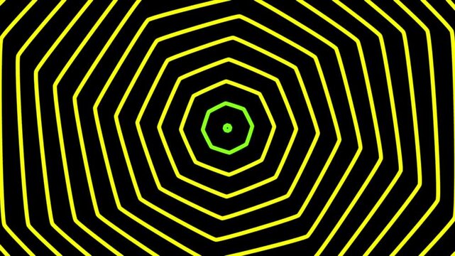 Yellow heptagon lines changing color on black background rotating repeatedly. 3D animation