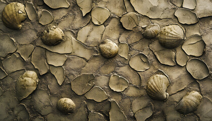 An abstract pattern resembling fossilized imprints of leaves and shells, rendered in muted earthy tones like sepia, moss green, and sandstone, with a rough, textured background evoking ancient,