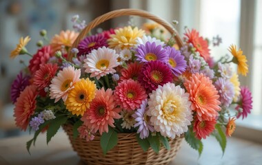 A basket filled with colorful flowers, including roses and daisies