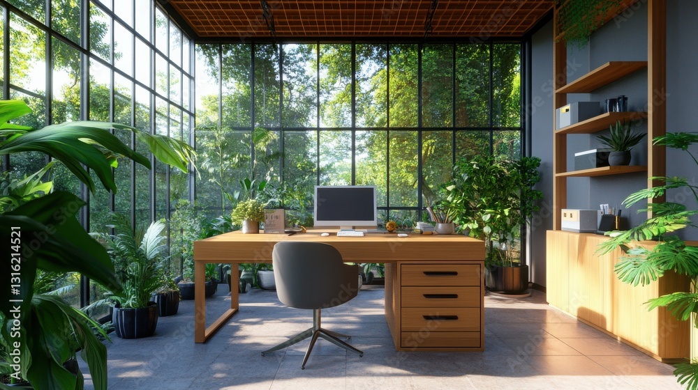 Aufkleber workspace design filled with potted plants and natural light in a modern setting