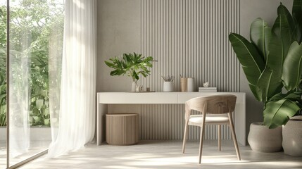 Fototapeta premium Modern workspace with white desk and wooden chair surrounded by greenery in a bright, airy room