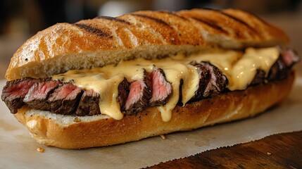 A juicy, medium-rare steak, its surface glistening with a hint of oil, rests atop a toasted white roll, cradled in a symphony of melted cheese sauce and mayonnaise, ready for a savory embrace.