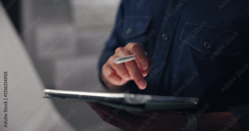 Poster tablet, pen and hands of man artist drawing in studio at night for branding prototype project. creat