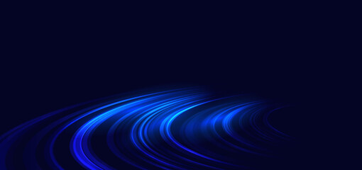 Fototapeta premium Speed motion movement horizontal blue curved lines on drak blue background with sparkle. Hi-speed racer car blue motion concept.