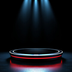 Showcase and illuminated podium with glowing lights against a dark background, spotlight stage, a modern design. Cyber and product display, elegant presentation stage