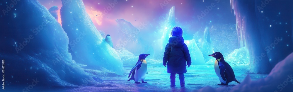 Poster child illuminated in a glowing landscape with penguins in an icy environment during twilight