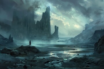 Mysterious rock formations tower over a traveler in a desolate alien landscape