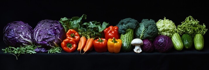 Vibrant assortment of fresh vegetables red cabbage, broccoli, peppers, carrots, cucumbers, lettuce, and more, arranged on a dark background.