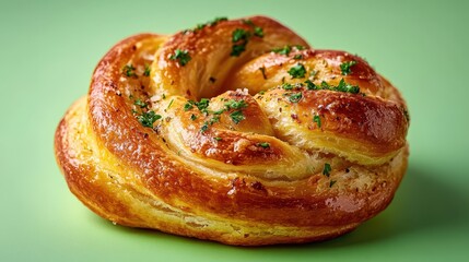 A golden-brown garlic knot, its surface kissed by parsley and its core radiating warmth, stood tall and proud against a lime green backdrop, illuminated by vibrant studio lighting, its shadow cast