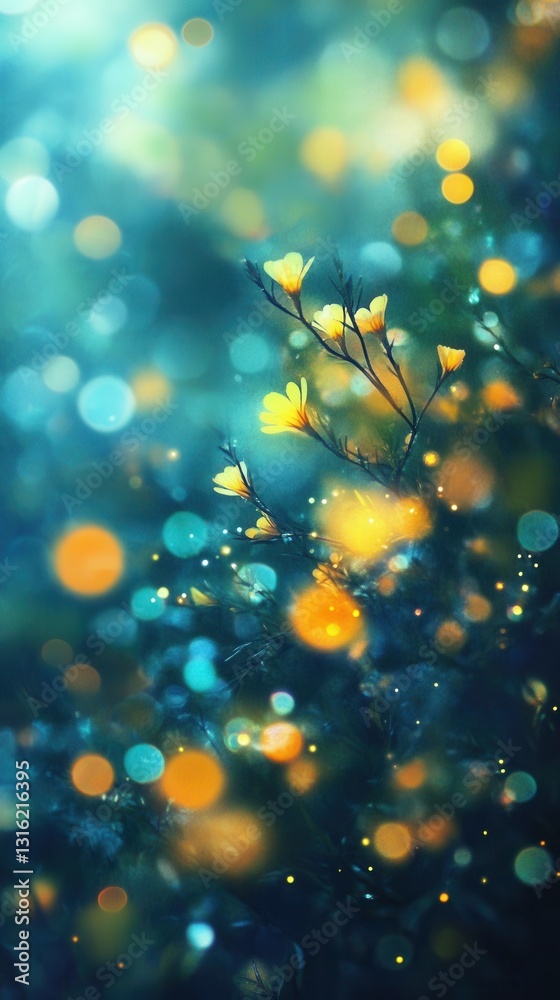 Aufkleber vibrant teal and bright yellow composition with glowing bokeh effect and delicate flowers in a magic