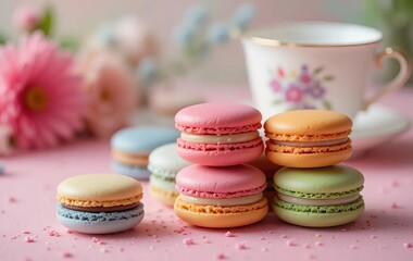 Fototapeta premium A flat lay of colorful macaroons on a pink table with a blurred background of flowers and a teacup