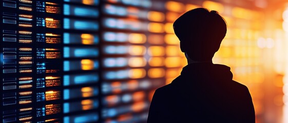 knowledge expansion cognition strategy concept. Silhouette of a person in front of colorful data servers.