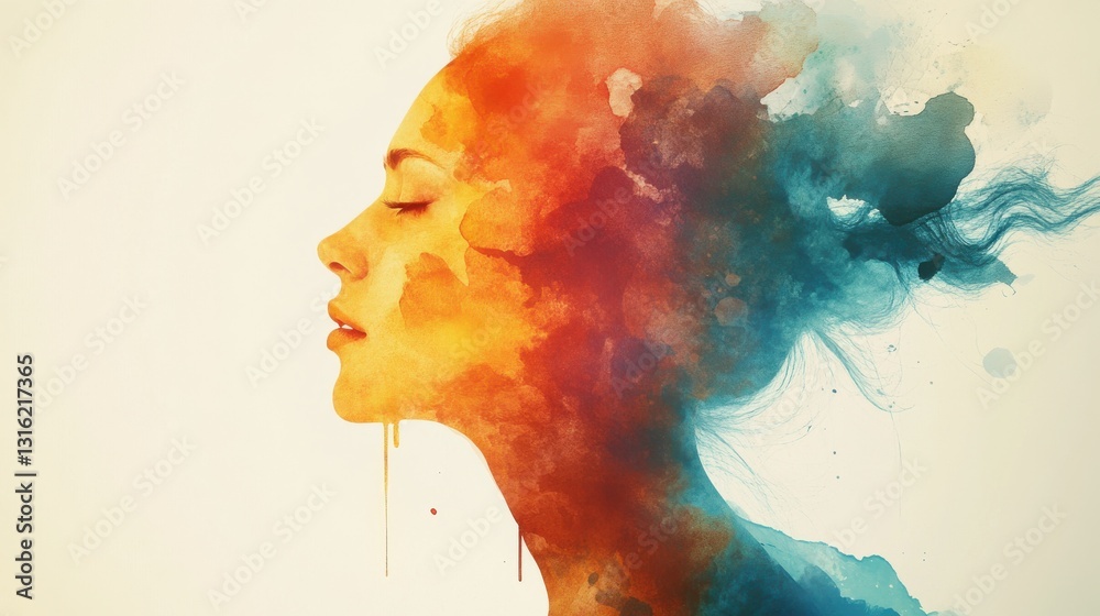 Leinwandbilder surreal representation of a glowing woman with vibrant colors and abstract patterns emanating from h
