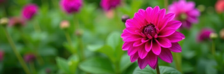 Purple fuchsia dahlia flowers in a garden bed with green leaves, bloom, green