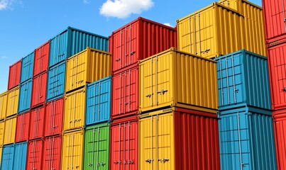 Colorful Stacked Shipping Containers Against a Clear Blue Sky with Fluffy Clouds in an Urban Industrial Setting