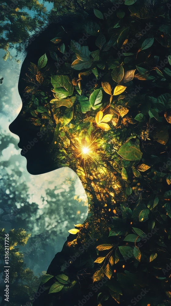 Poster surreal representation of a glowing woman surrounded by lush foliage in a mystical forest at twiligh