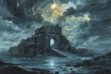 Ancient, crumbling fortress stands amidst stormy weather