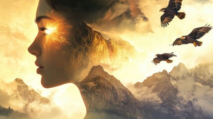 Naklejka premium Surreal representation of a glowing woman blending with majestic mountains and soaring eagles at sunset