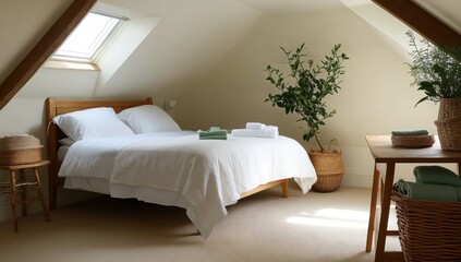 Bright attic bedroom with double bed, plants, and natural light.