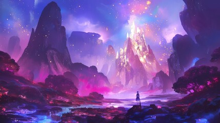 Obraz premium Ethereal Fantasy Landscape A Solitary Figure Contemplates a Majestic Purple Mountain Castle Under a