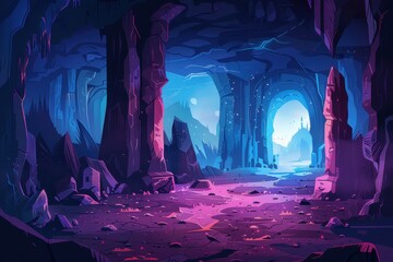 Mystical Glowing Cave Entrance with Rocky Pillars and Distant City