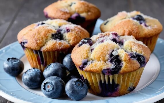 A close-up of a freshly baked blueberry muffin with a sprinkling of sugar on top