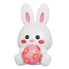 White rabbit holding floral Easter egg isolated. 3D render illustration 