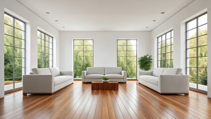 Fototapeta premium A modern, airy living room with large windows, minimalist white furniture, and wooden flooring, creating a bright and inviting atmosphere.