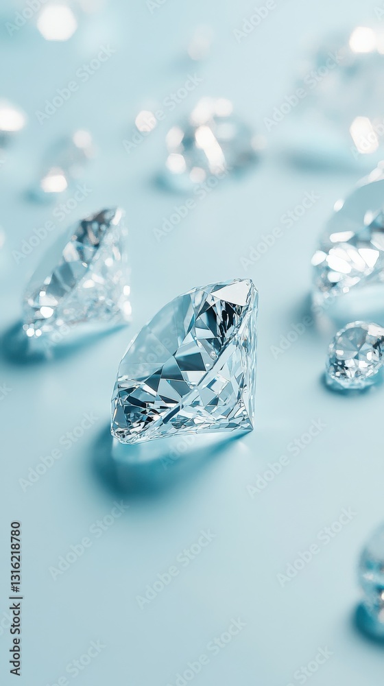 Poster Sleek and minimalistic design featuring sparkling diamonds scattered across a smooth light blue surface