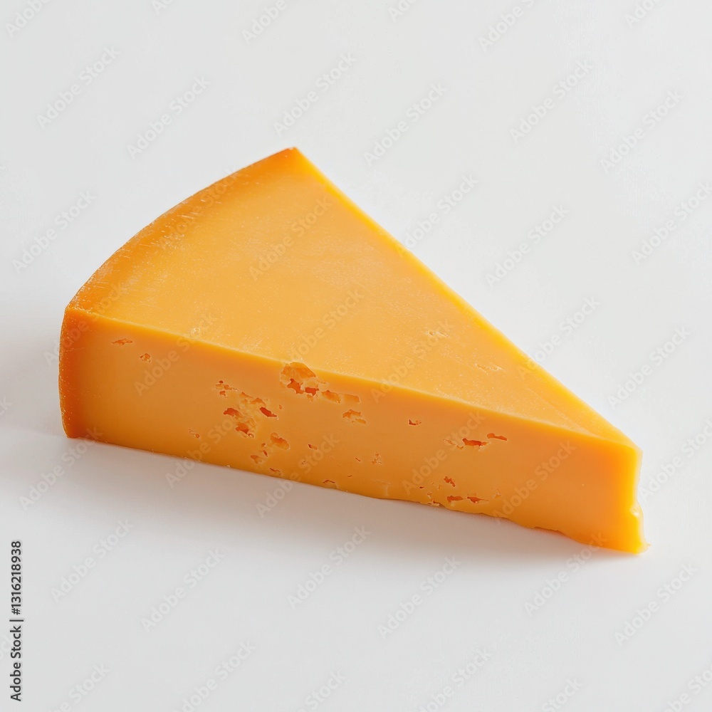 Poster Sharp cheddar cheese slice on a white background showcasing its rich color and smooth texture