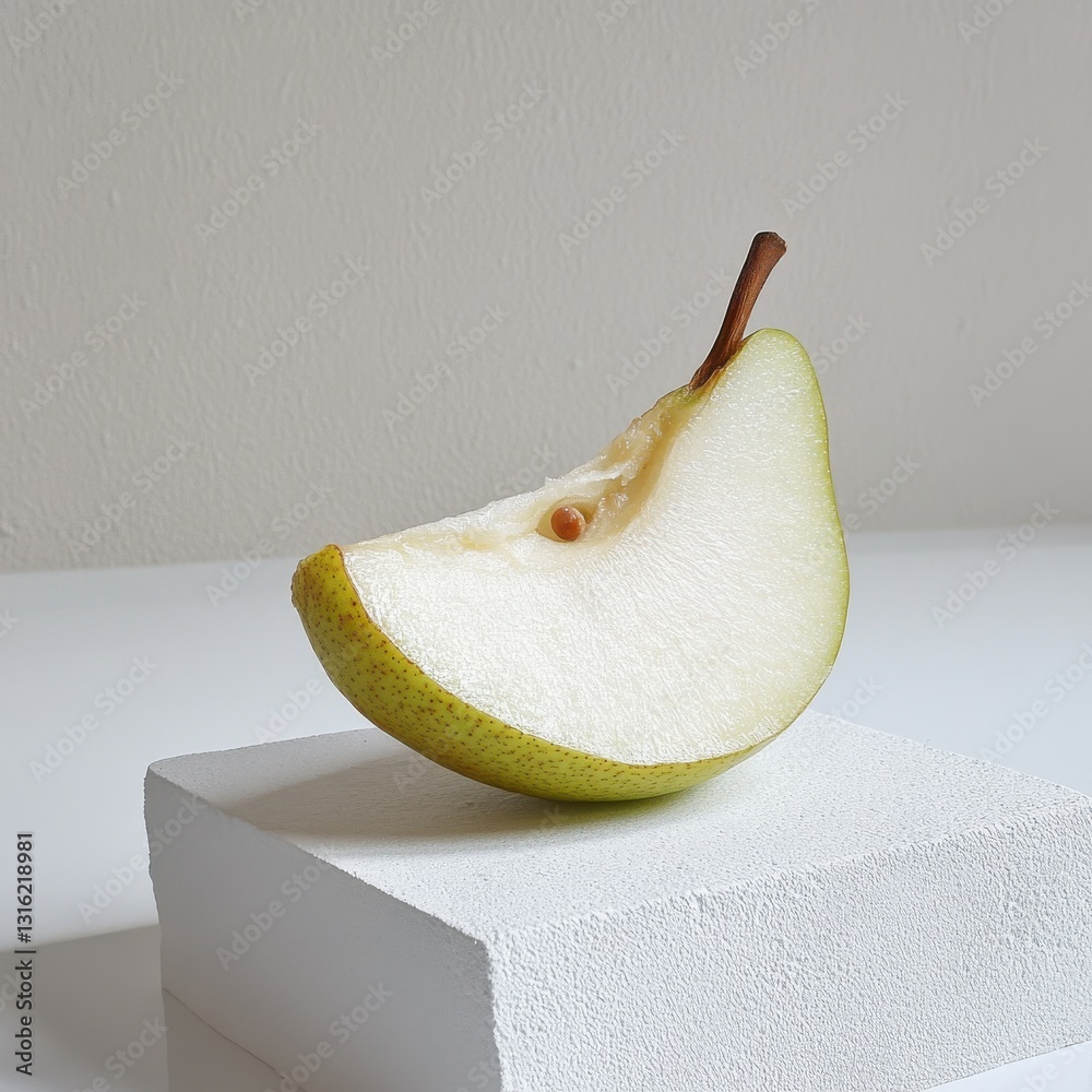 Poster Crisp white pear slice displayed on a minimalist light background with subtle textures
