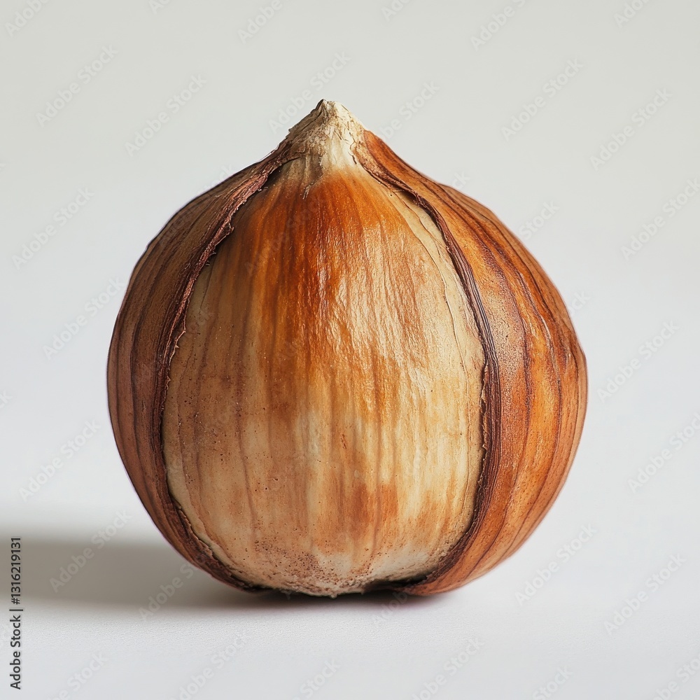 Poster single roasted hazelnut with a shiny brown surface resting on a light background