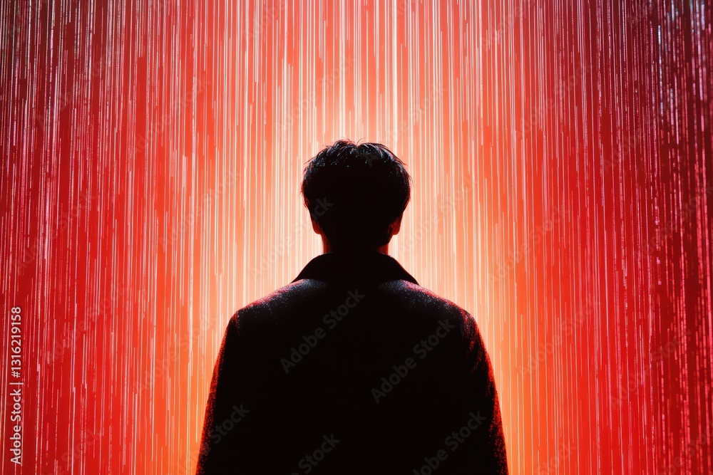 Poster neon silhouette of a hacker in a rainy cyber environment with binary code elements