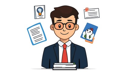 Happy Young Professional with Documents and Ideas - Hand-Drawn Illustration AI Generated