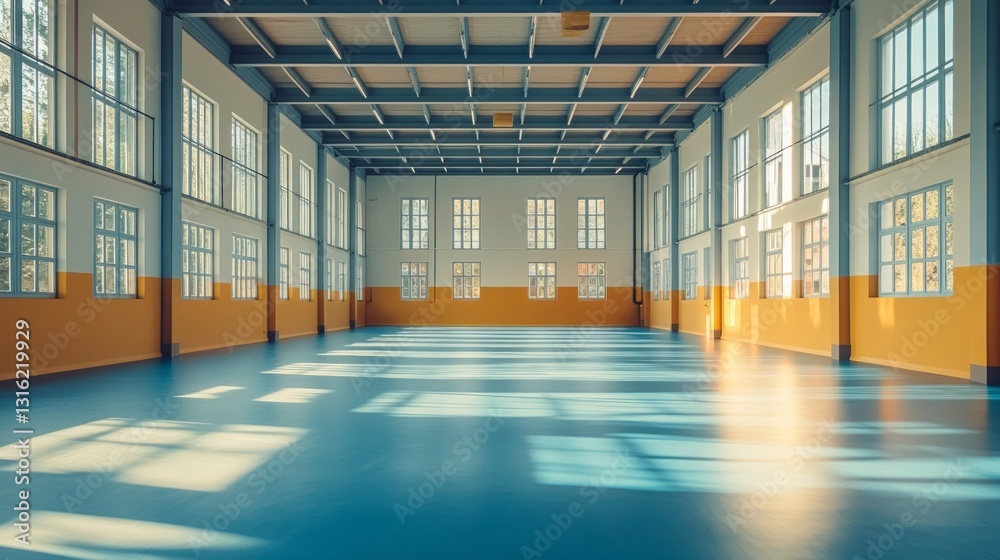 Poster a spacious gymnasium features colorful walls and ample natural light pouring in through extensive wi
