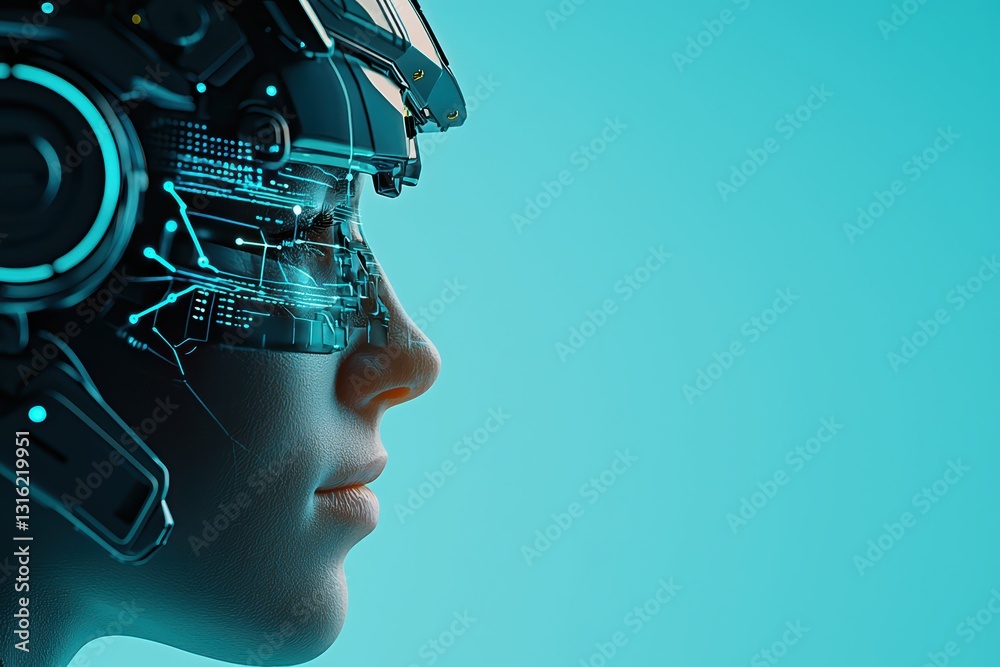 Poster futuristic robotic hacker with glowing neural links and cyber technology features