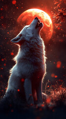 Mystical Ethereal Wolf Howling Under a Blood Moon in a Dreamlike Night Sky