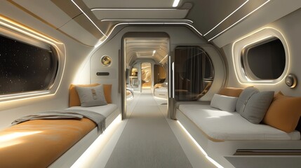 Obraz premium Luxurious spacecraft interior with seating, sleeping areas, and large windows offering stunning space views.