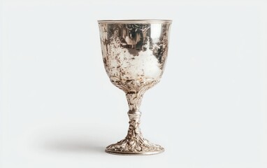 Ornate silver goblet with textured surface on a bright white background. The goblet has a stemmed base and a bowl with intricate detailing.  Clean, bright lighting illuminates the piece