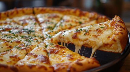 A golden-brown Giordano is deep dish pizza, its thick, tangy sauce a luscious blanket over a bed of crispy cheese, rests majestically in the heart of a frame. A single slice, its crust perfectly