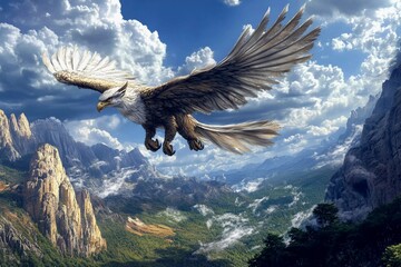 Naklejka premium Majestic eagle soaring over a dramatic landscape with mountains and clouds