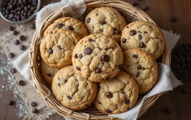 A variety of homemade chocolate chip cookies on a wooden table