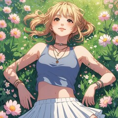 a anime girl in garden and relax is mind 